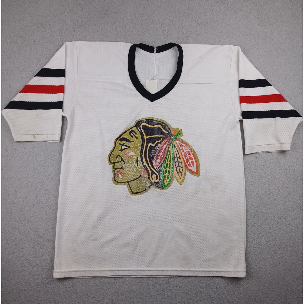 Vintage Chicago Blackhawks CCM Hockey Jersey Mens XL White Navy Red Striped Mesh